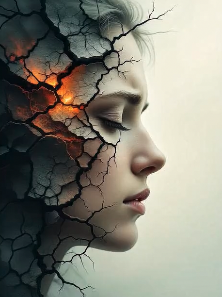 A woman with a reflective broken expression, symbolizing healing from BPD and trauma. A fire in her mind, representing emotional intensity and cracking open in overcoming codependency and rebuilding self-worth